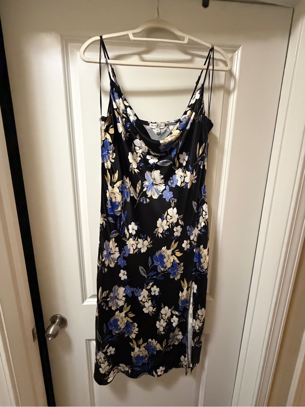 Socialite Black Floral Midi Slip Dress with Blue and Cream Flowers